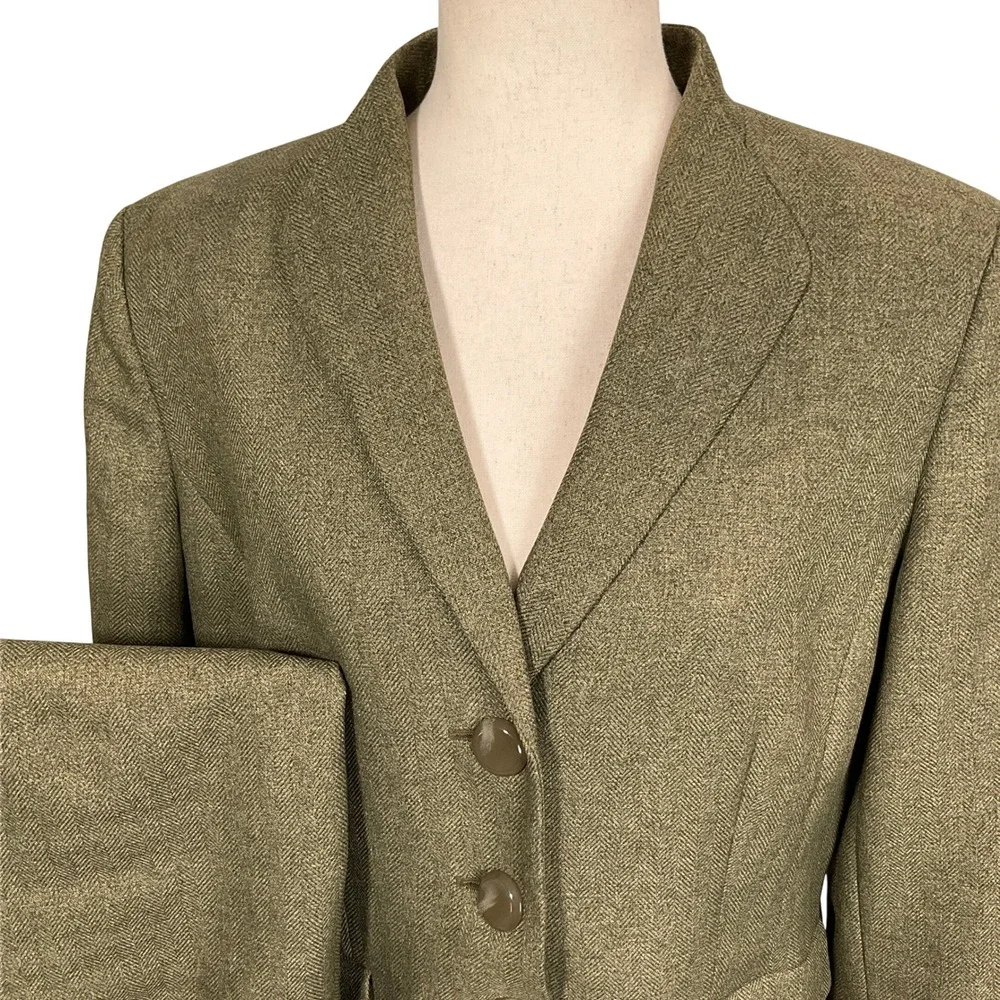 Le Suit Skirt Set Women 14 Olive Green Herringbone Minimalist Career Structured